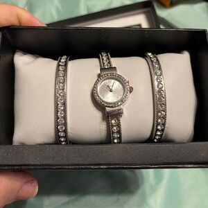 Geneva NOS Platinum Watch & Bracelet Set with Crystal Accents